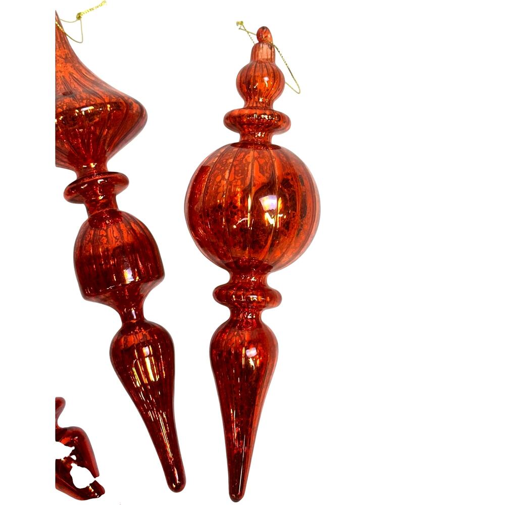 Red Mercury Glass 9" to 11" Vintage Finial Christmas Ornaments-Stunning-Set of 3 - Picture 4 of 7